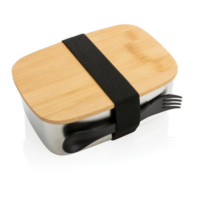 Brotdose Vesperbox aus Edelstahl mit Bambusdeckel und Göffel gesichert durch Elastikband schwarz