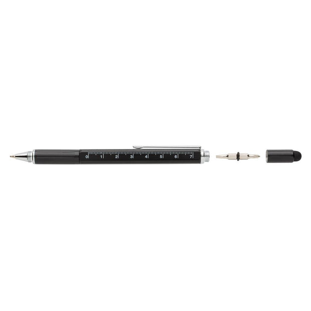Schwarzer Multitool-Kugelschreiber aus Aluminium mit Schraubenzieher, Lineal und Wasserwaage