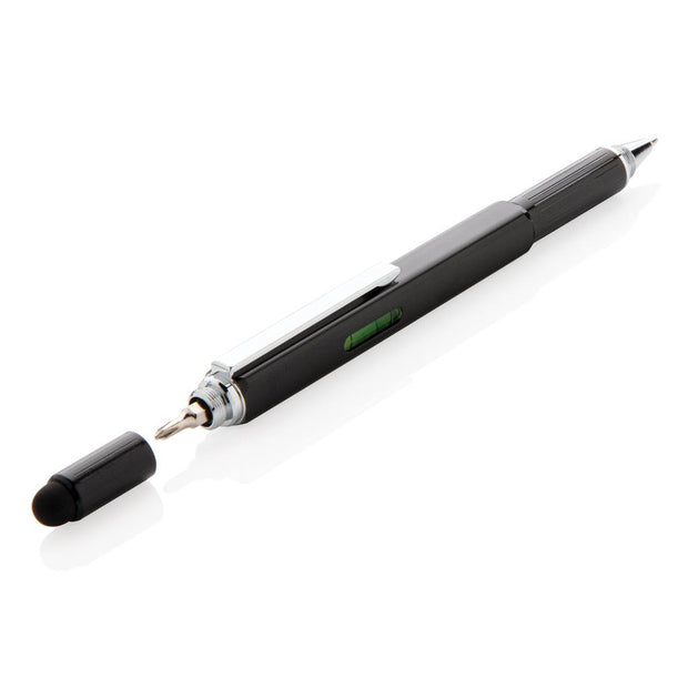 Kugelschreiber schwarz aus Aluminium mit Schraubenzieher und Wasserwaage