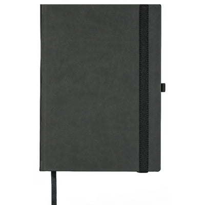 Schwarzes Notizbuch mit Satinband und Elastikband bedruckt mit Logo #farbe_schwarz