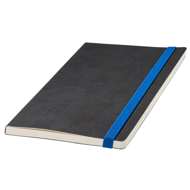 Personalisierbares Notizbuch mit schwarzem Cover und blauem Band 