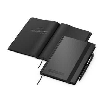 Schwarzes Notizbuch mit schwarzen Seiten, Praegung Logo Stift mit Silbermiene