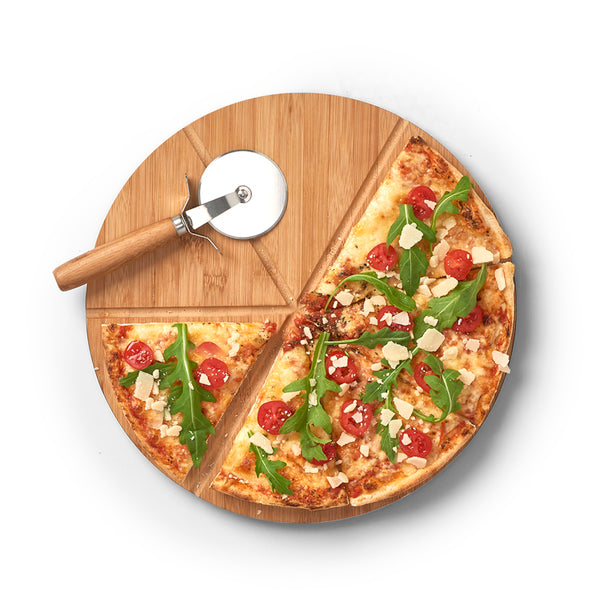 Pizza-Set aus Brett und Pizzaschneider aus Bambus und Edelstahl