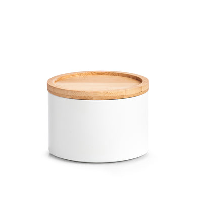 Runde weiße Vorratsdose mit Bambusdeckel für Kekse